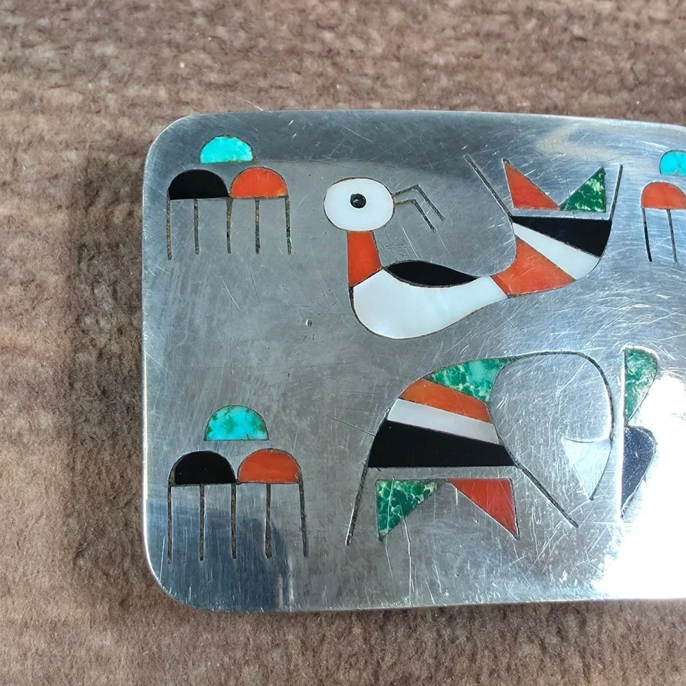 LN Zuni Bird Belt Buckle Mens OS Silver Multi-Stone Good Inlay Southwestern